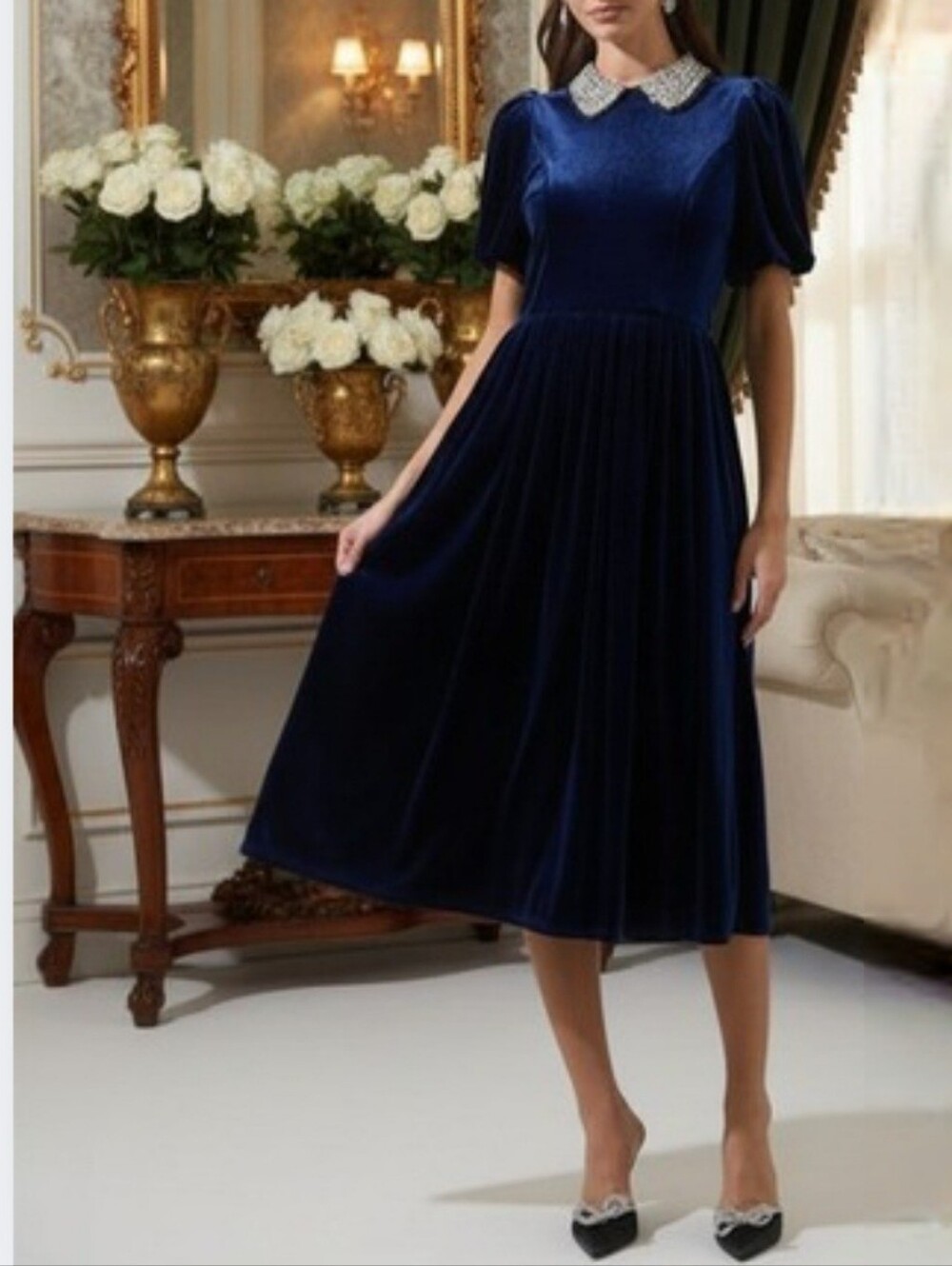 Sugarlips Francie Navy Rhinestone Velvet Midi Dress